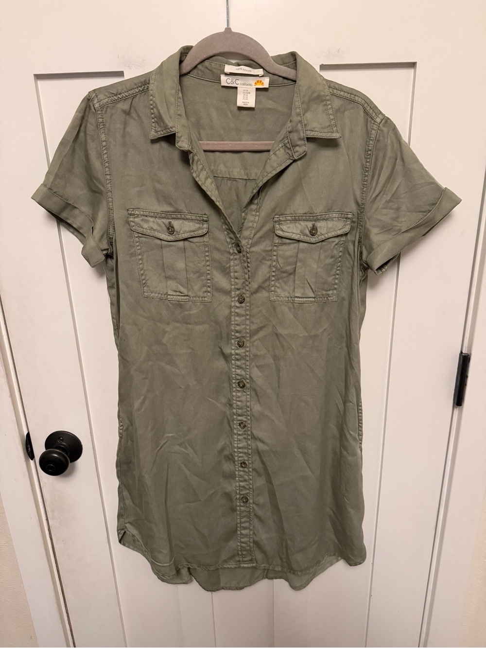 C & C California Green Lyocell Button Up Shirt Dress Size Medium Pockets